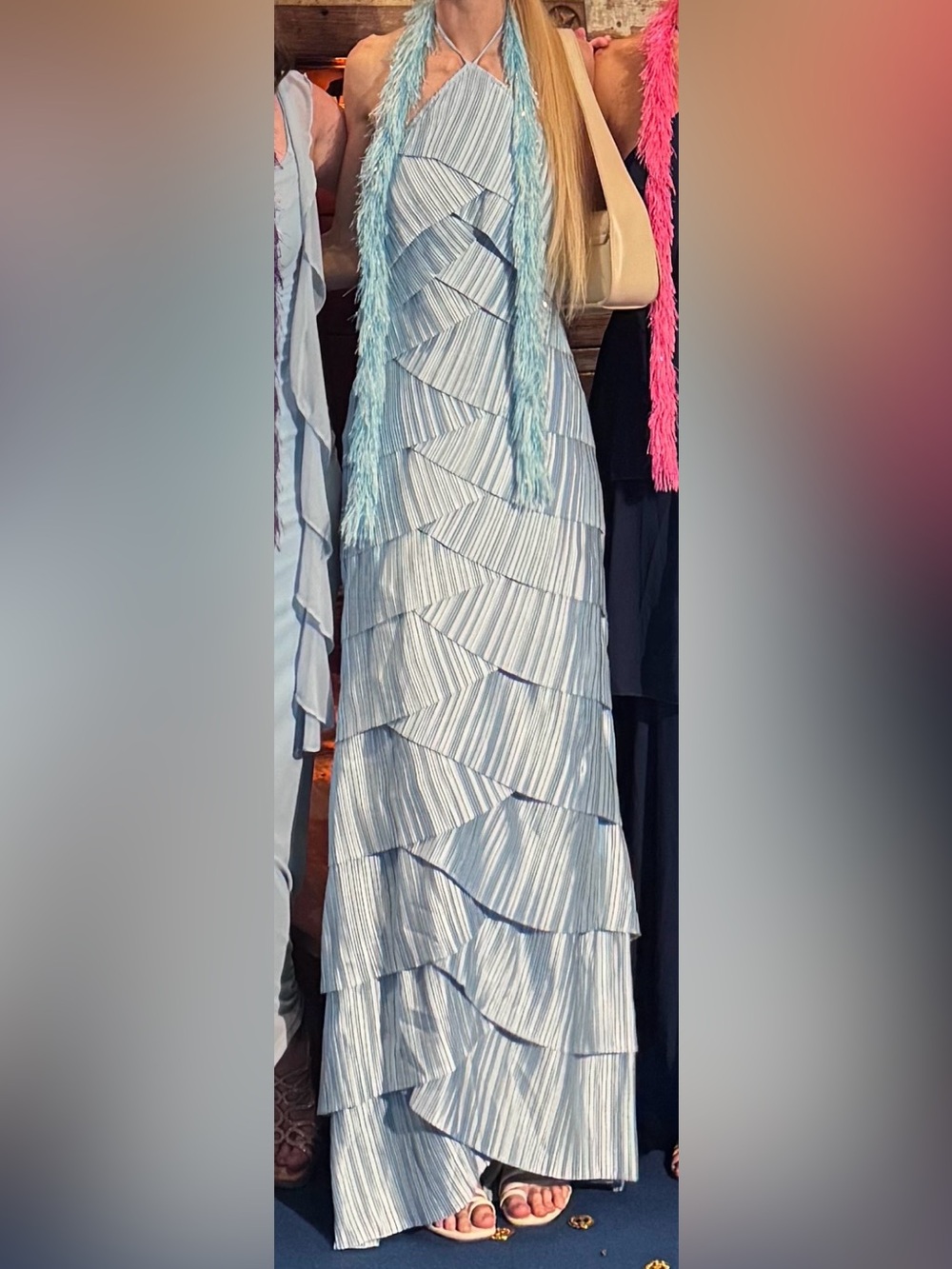 Light Blue coastal pleated tiered Tiered maxi Dress/XS